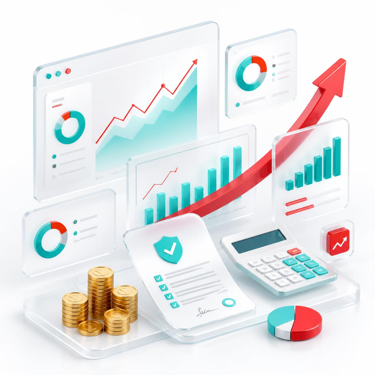 Premium financial dashboard illustration with charts, calculator and growth arrows
